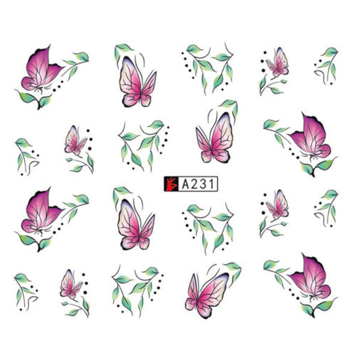 Nail Art, Water Transfer, Decals, Butterfly, Leaf, Nail Art Sliders, Green, Pink. GN231