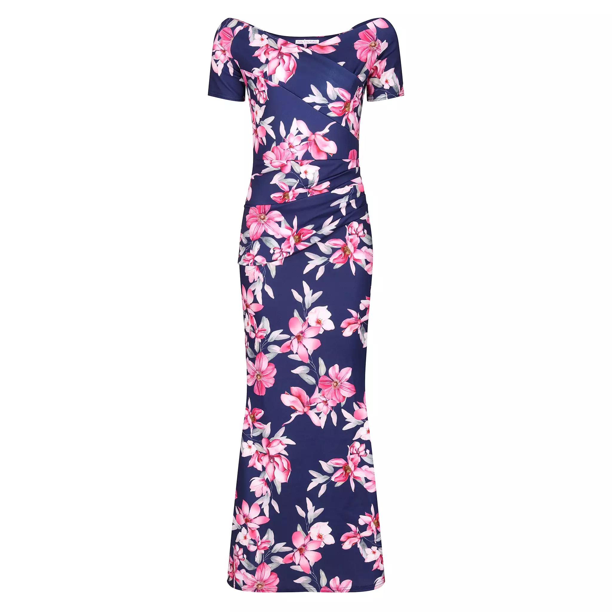 Navy Blue & Pink Floral Maxi Dress w/ Peplum Hem & Cap Sleeves