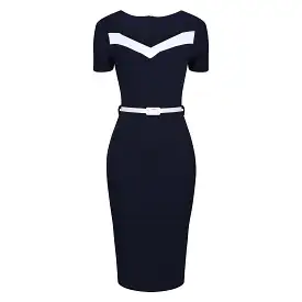 Navy Blue Cream Short Sleeve Belted Nautical Pencil Dress