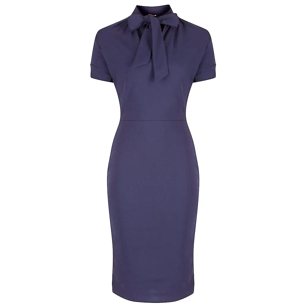 Navy Blue Puff Sleeve Tie Bodycon Pencil Dress