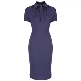 Navy Blue Puff Sleeve Tie Bodycon Pencil Dress