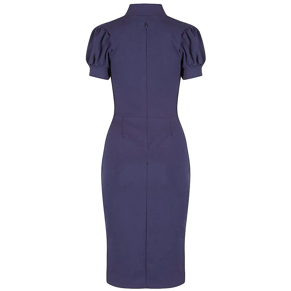 Navy Blue Puff Sleeve Tie Bodycon Pencil Dress