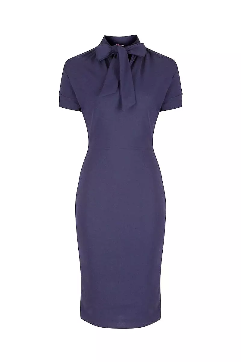 Navy Blue Puff Sleeve Tie Bodycon Pencil Dress