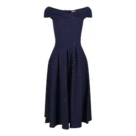 Navy Blue Sparkly Ruched Cap Sleeve Bardot Style 50s Swing Dress