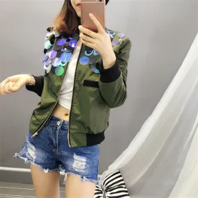 New Fashion Autumn Sequins Outwear Full Sleeve Stand Coat Floral Print Jacket With Zipper Plus Size Flying Jacket 71942 GS