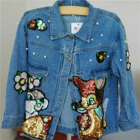 New Fashion Autumn Sequins Outwear Full Sleeve Turn-down Collar Coat Carton Print Jacket Plus Size Denim Jacket 71943 SM6