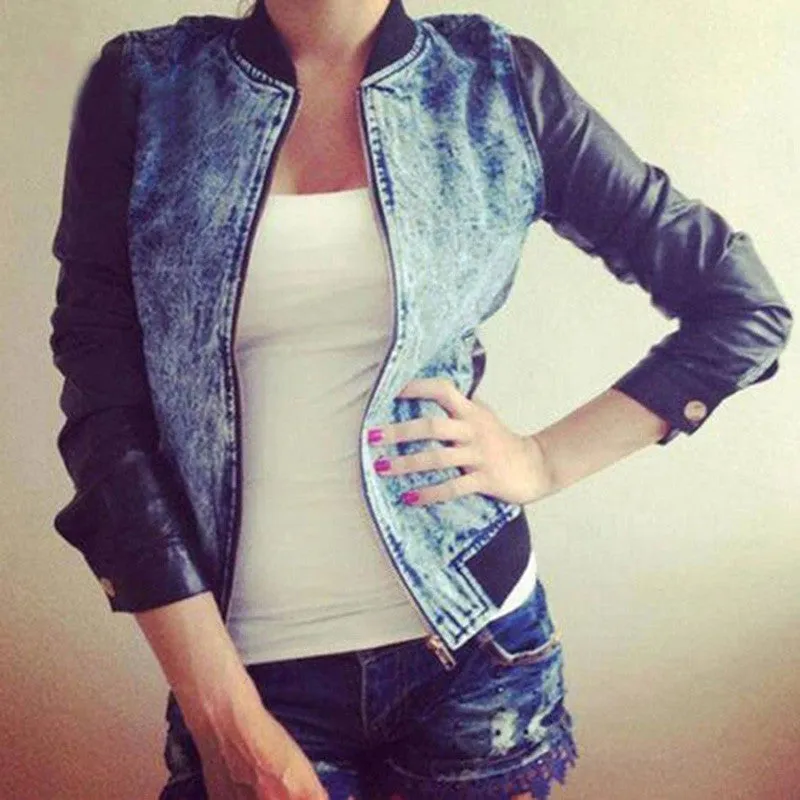 New Women's Blue Jeans Denim Jacket PU Long Sleeve Coat Fashion Outerwear P1 SM6