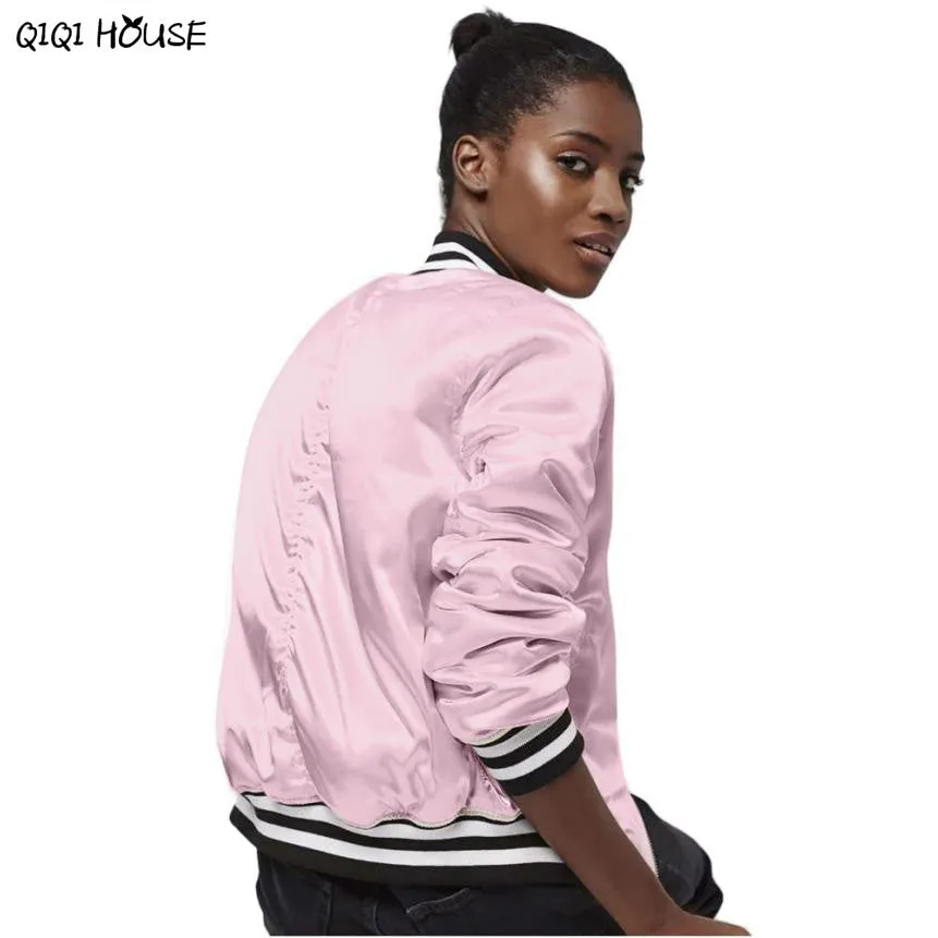 Pink Bombers Women Coats Long Sleeve Zipper Baseball Coats Casual Loose Women Jacket Abrigos De Mujer#C930 SM6