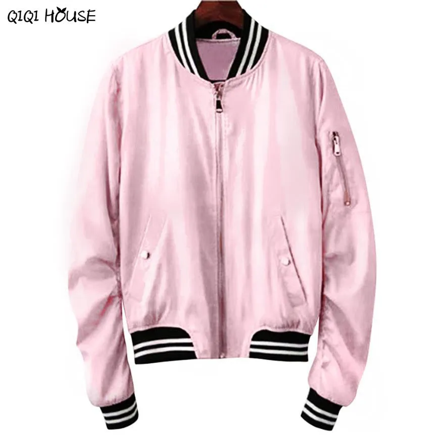 Pink Bombers Women Coats Long Sleeve Zipper Baseball Coats Casual Loose Women Jacket Abrigos De Mujer#C930 SM6