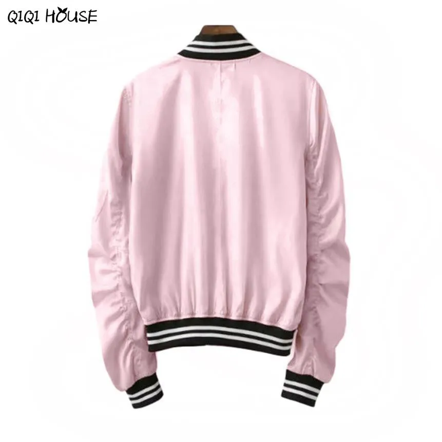 Pink Bombers Women Coats Long Sleeve Zipper Baseball Coats Casual Loose Women Jacket Abrigos De Mujer#C930 SM6