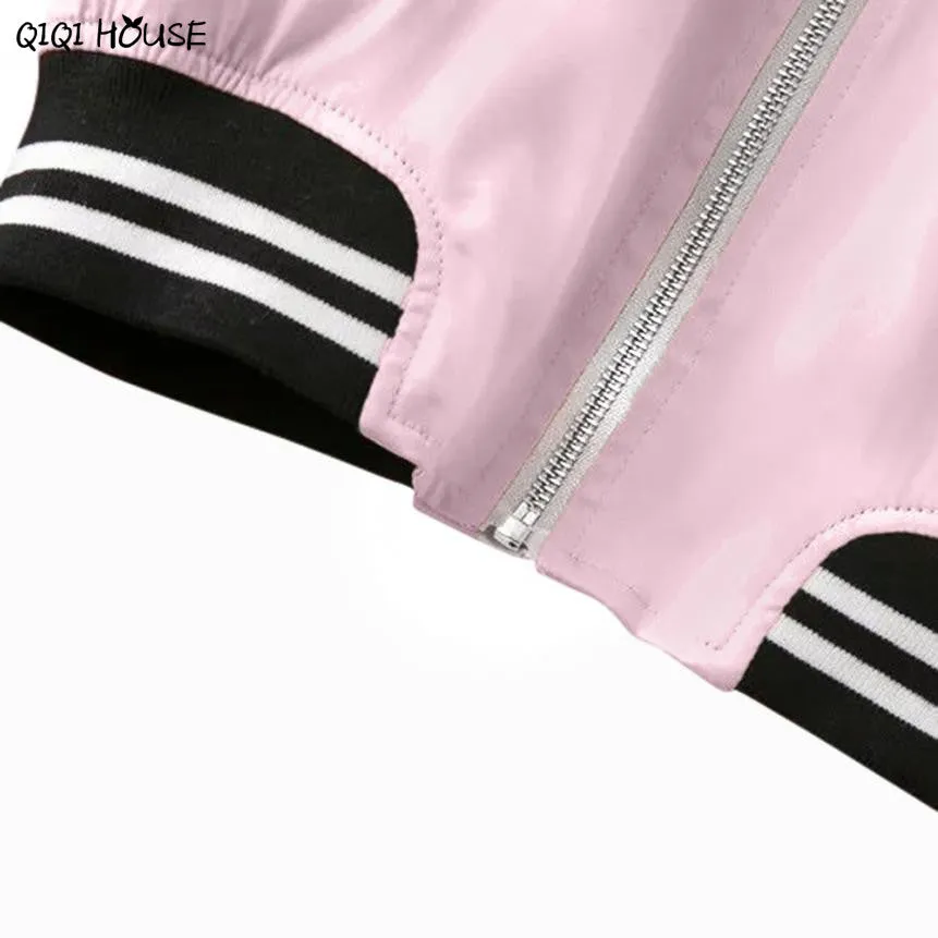 Pink Bombers Women Coats Long Sleeve Zipper Baseball Coats Casual Loose Women Jacket Abrigos De Mujer#C930 SM6