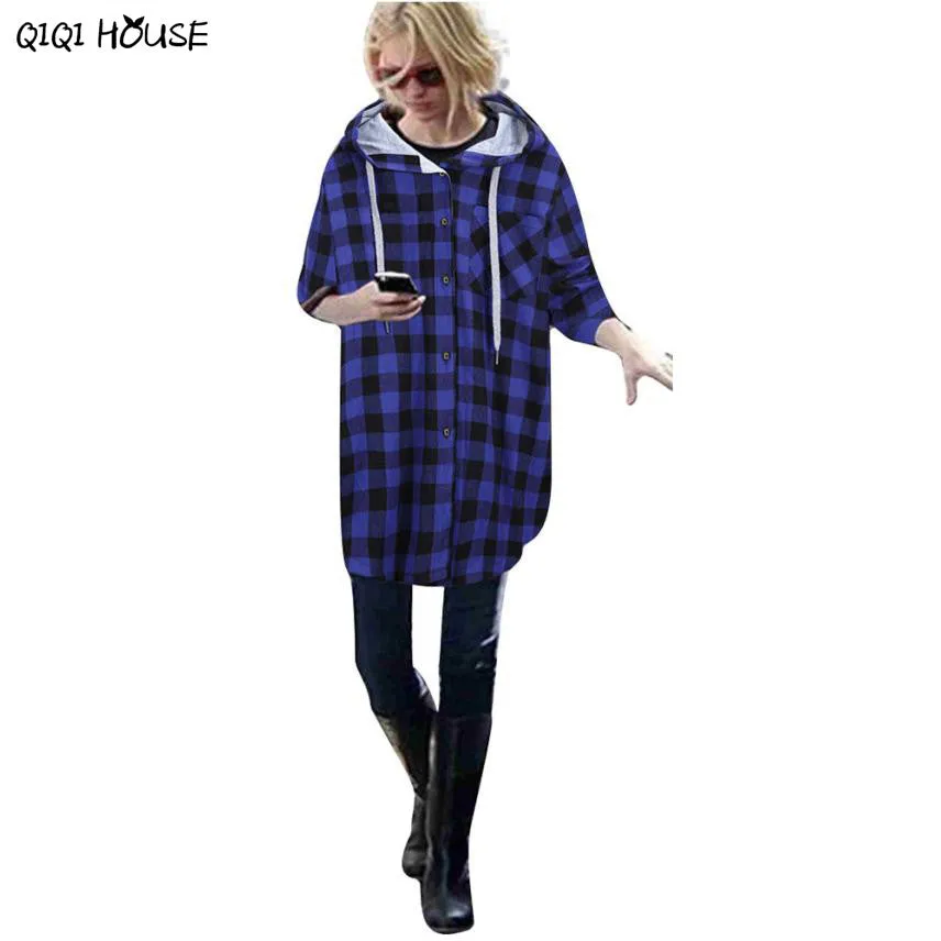 Plaid Women Coat Loose Long Sleeve Hooded Women Autumn Winter Coats Casual Plaid Outwear Casacas Mujer 2016#C930 SM6