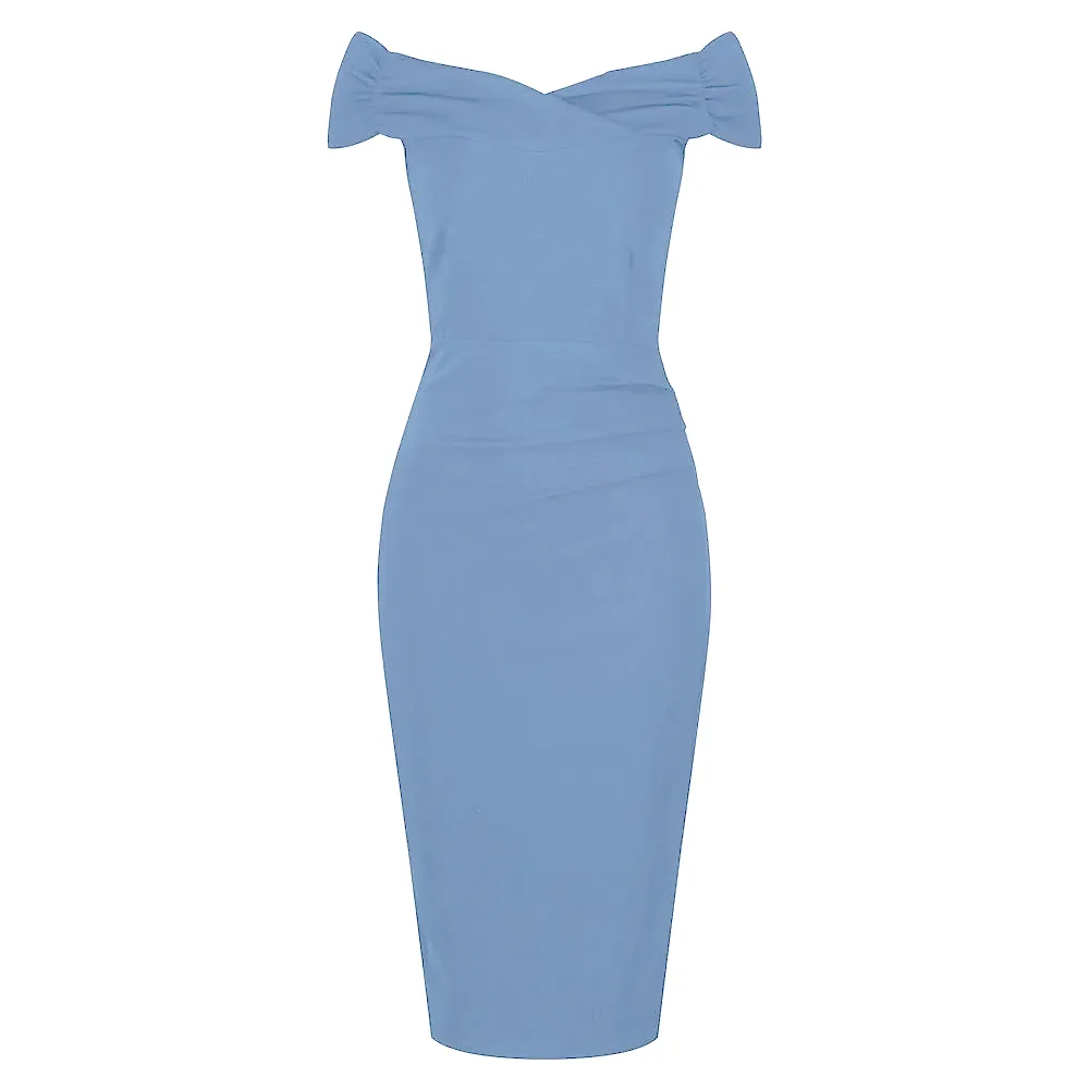 Pretty Blue Cap Sleeve Crossover Top Bardot Wiggle Pencil Dress