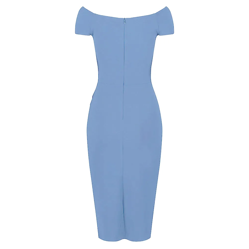 Pretty Blue Cap Sleeve Crossover Top Bardot Wiggle Pencil Dress