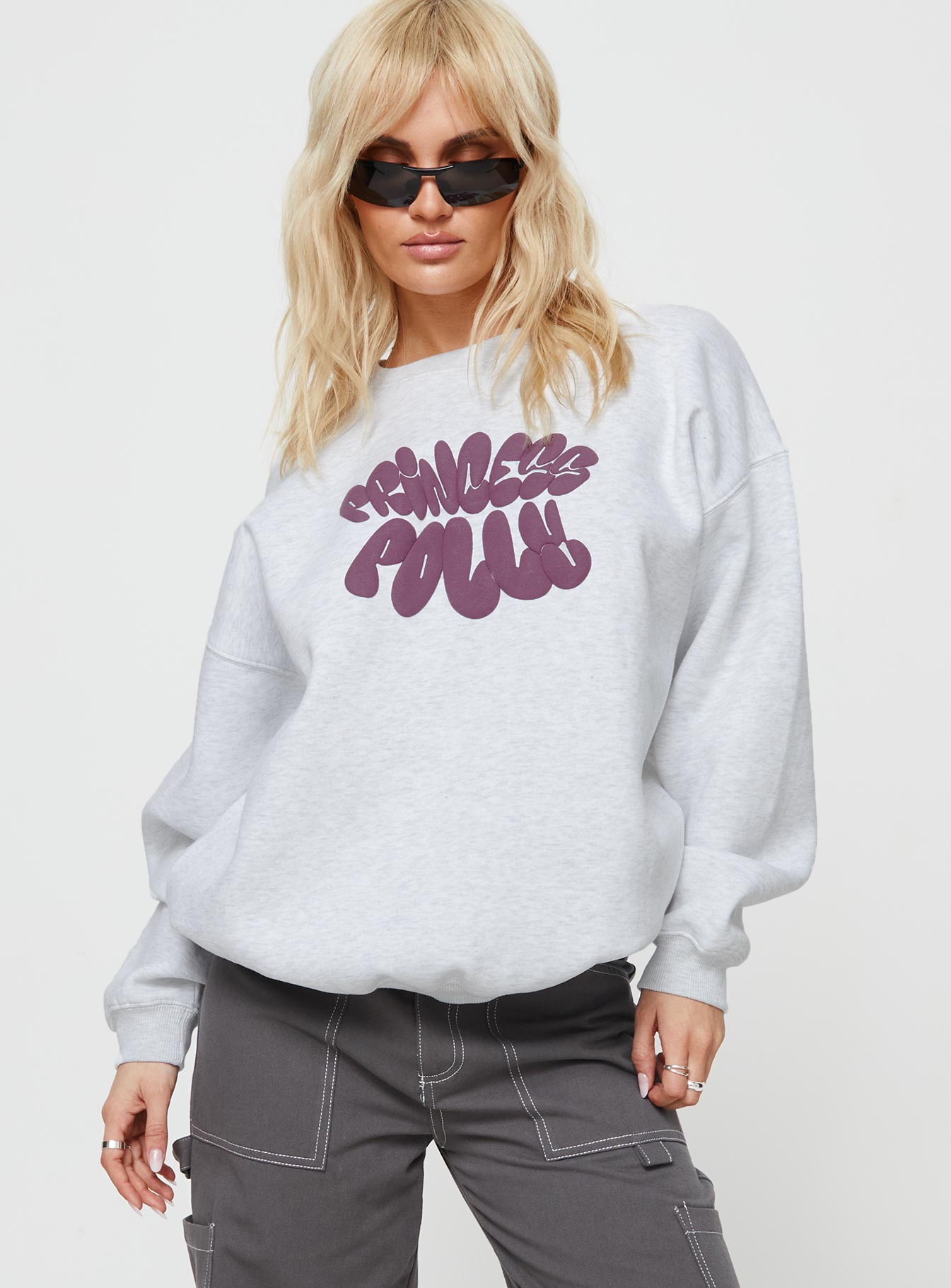 Princess Polly Crew Neck Sweatshirt Bubble Text Grey Marle / Burgundy