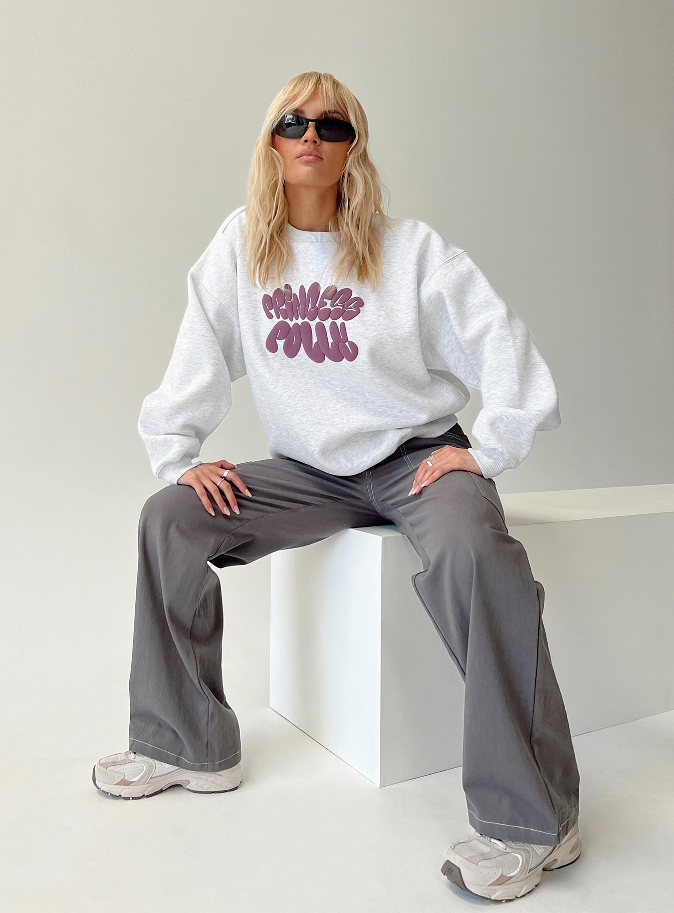 Princess Polly Crew Neck Sweatshirt Bubble Text Grey Marle / Burgundy