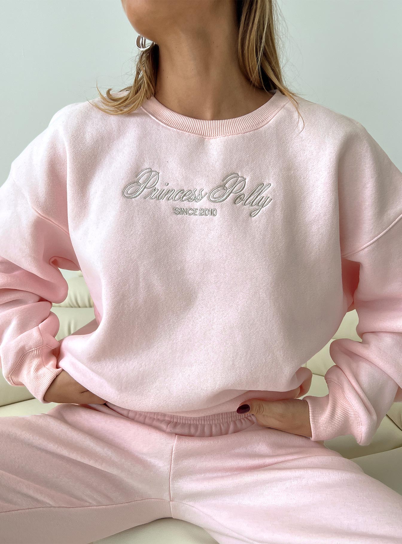 Princess Polly Crew Neck Sweatshirt Script Baby Pink / Grey