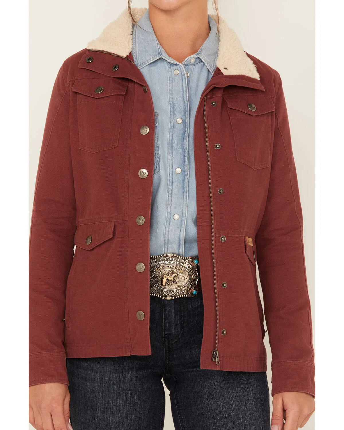 Product Name:  Powder River Outfitters Women's Sherpa-Lined Collar Denim Military Jacket