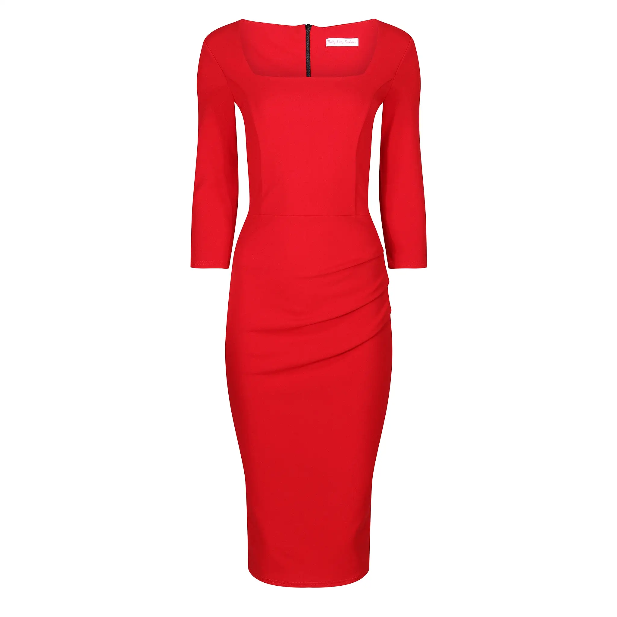 Red 3/4 Sleeve Square Neckline Wiggle Pencil Dress