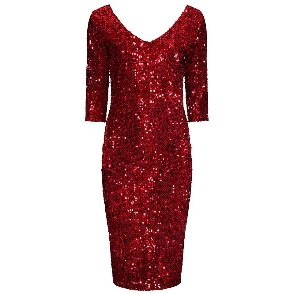 Red 3/4 Sleeve V Neck Velour Sequin Pencil Wiggle Party Dress