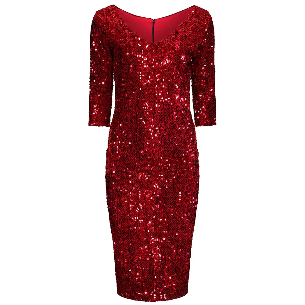 Red 3/4 Sleeve V Neck Velour Sequin Pencil Wiggle Party Dress