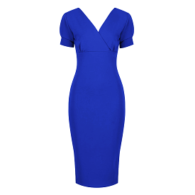 Royal Blue Puff Sleeve V Neck Bodycon Pencil Dress