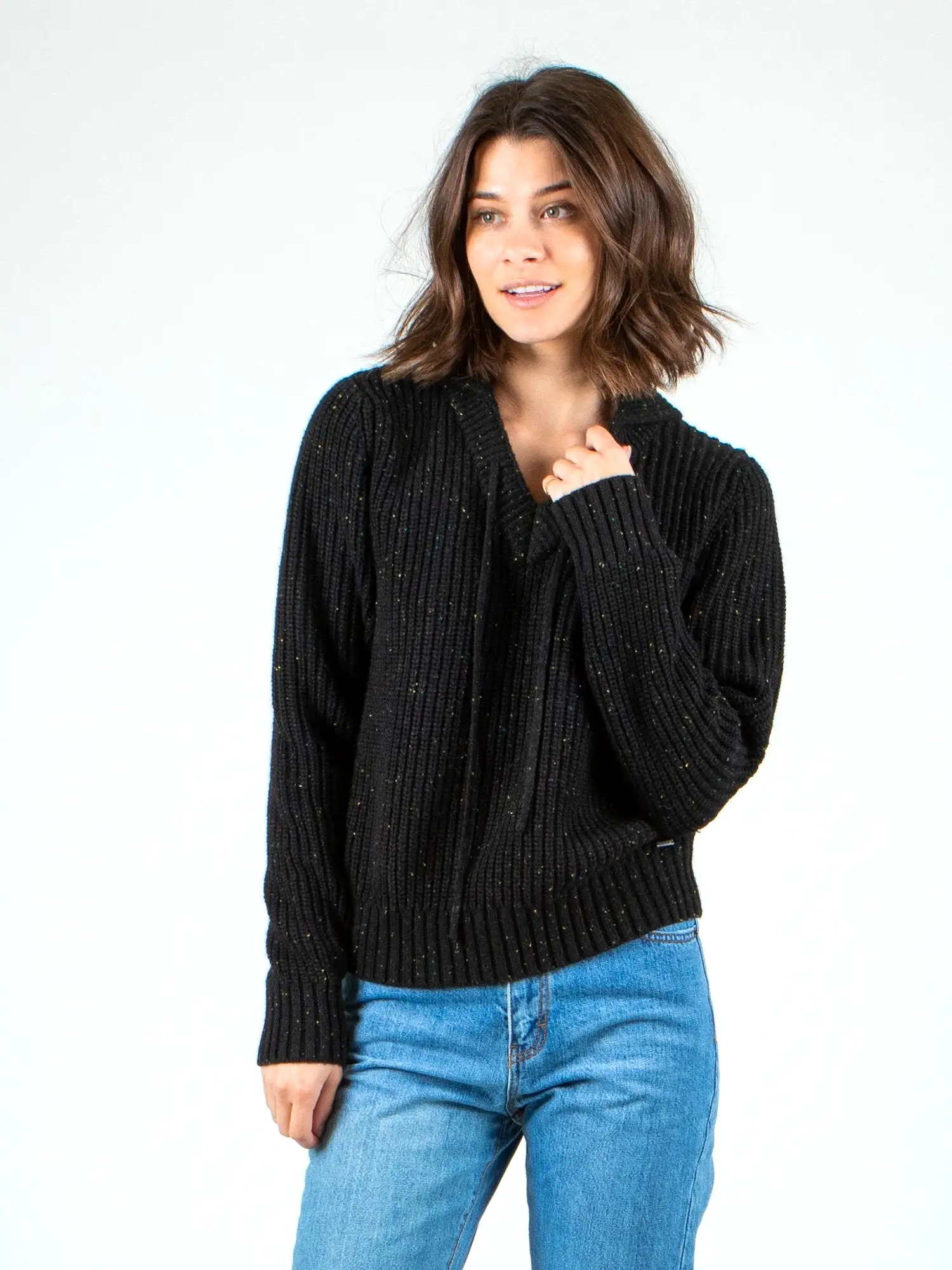 Rusty US ALEXA HOODED KNIT SWEATER - BLACK WASH