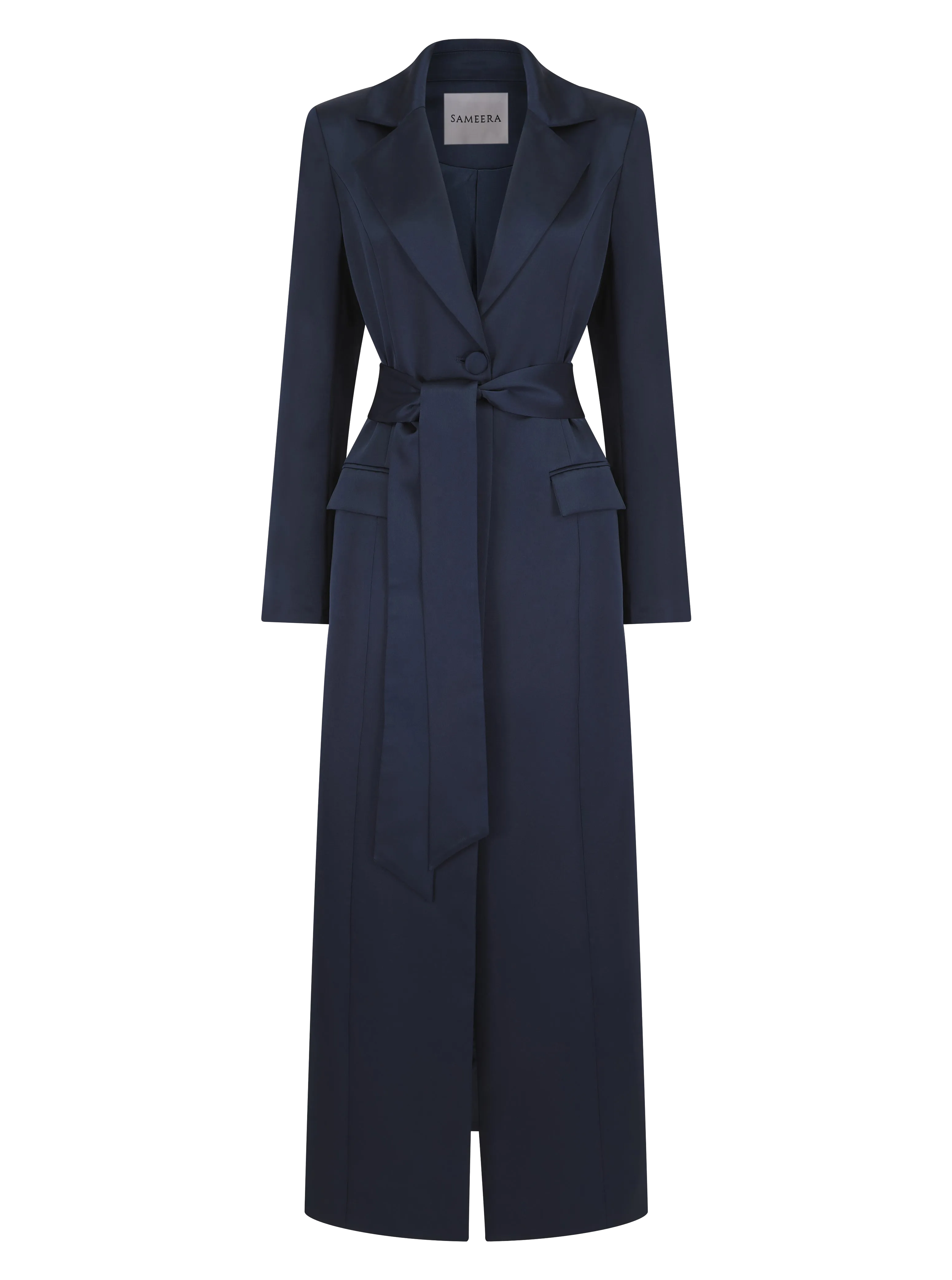 Saleha Navy Belted Satin Maxi Blazer Coat