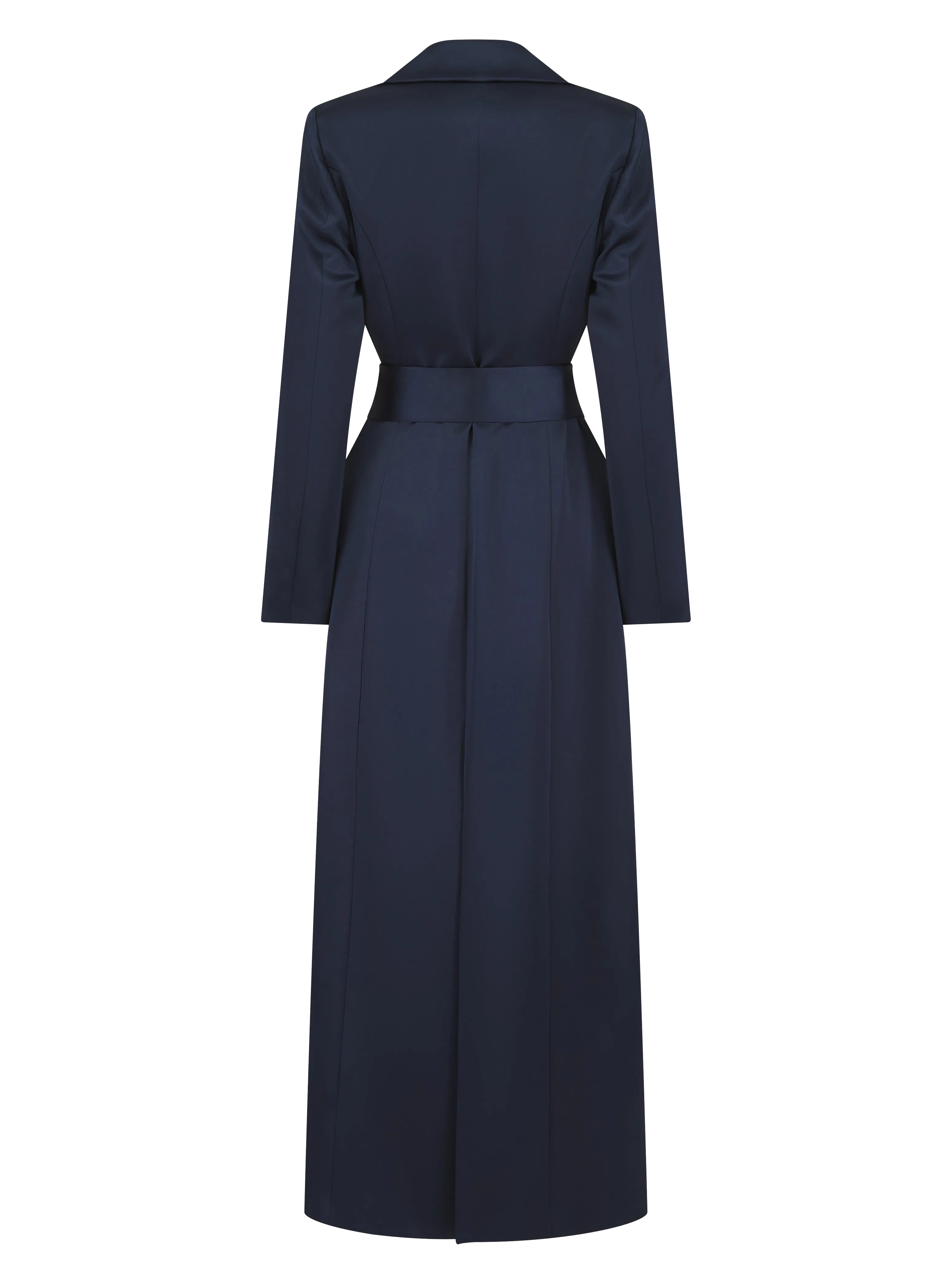 Saleha Navy Belted Satin Maxi Blazer Coat