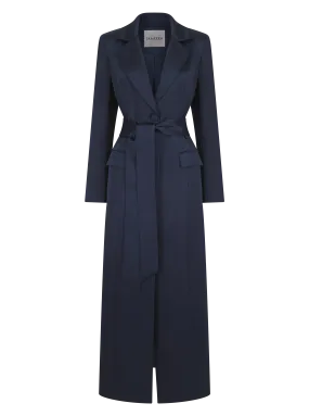 Saleha Navy Belted Satin Maxi Blazer Coat