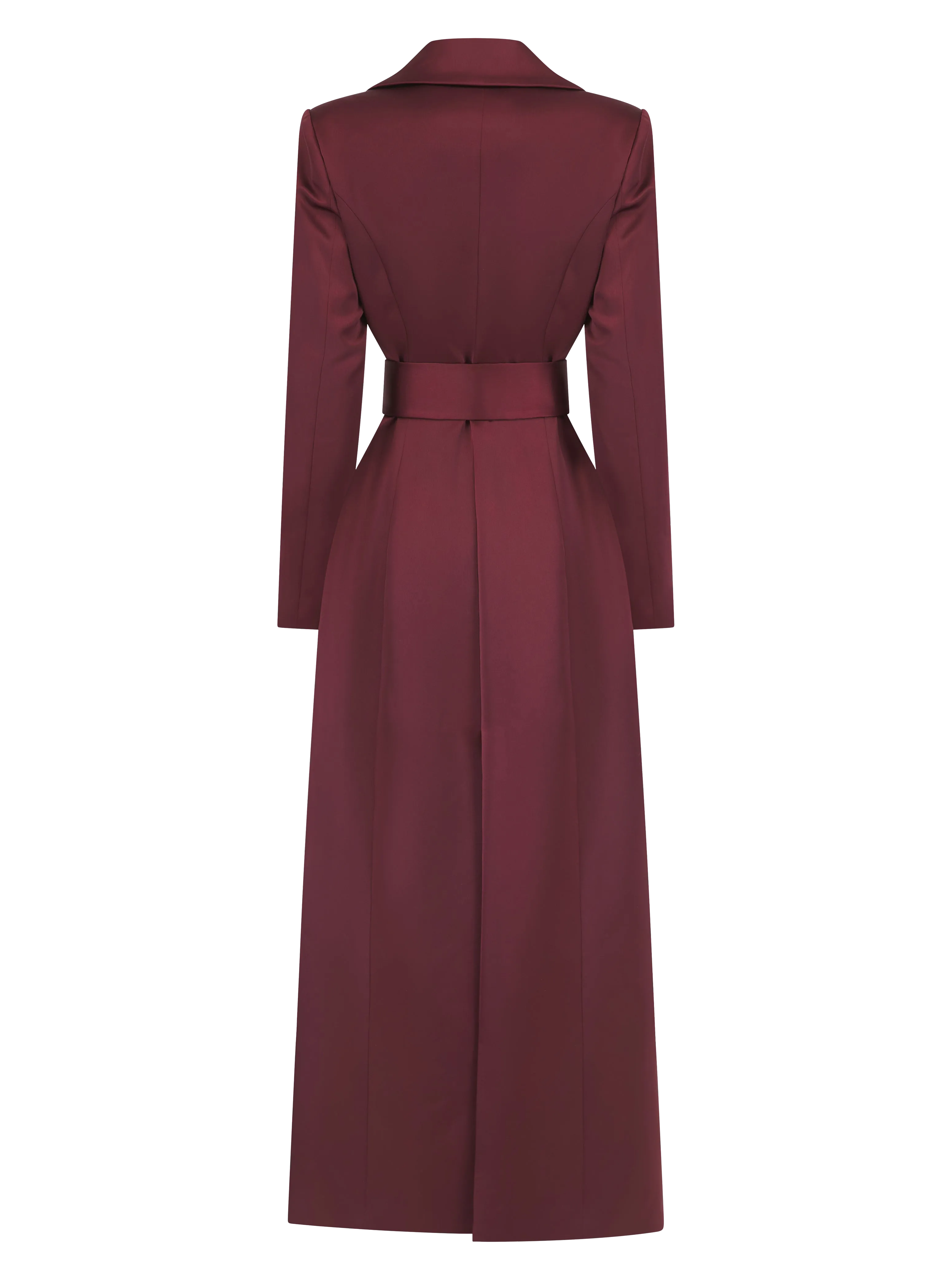 Saleha Oxblood Belted Satin Maxi Blazer Coat