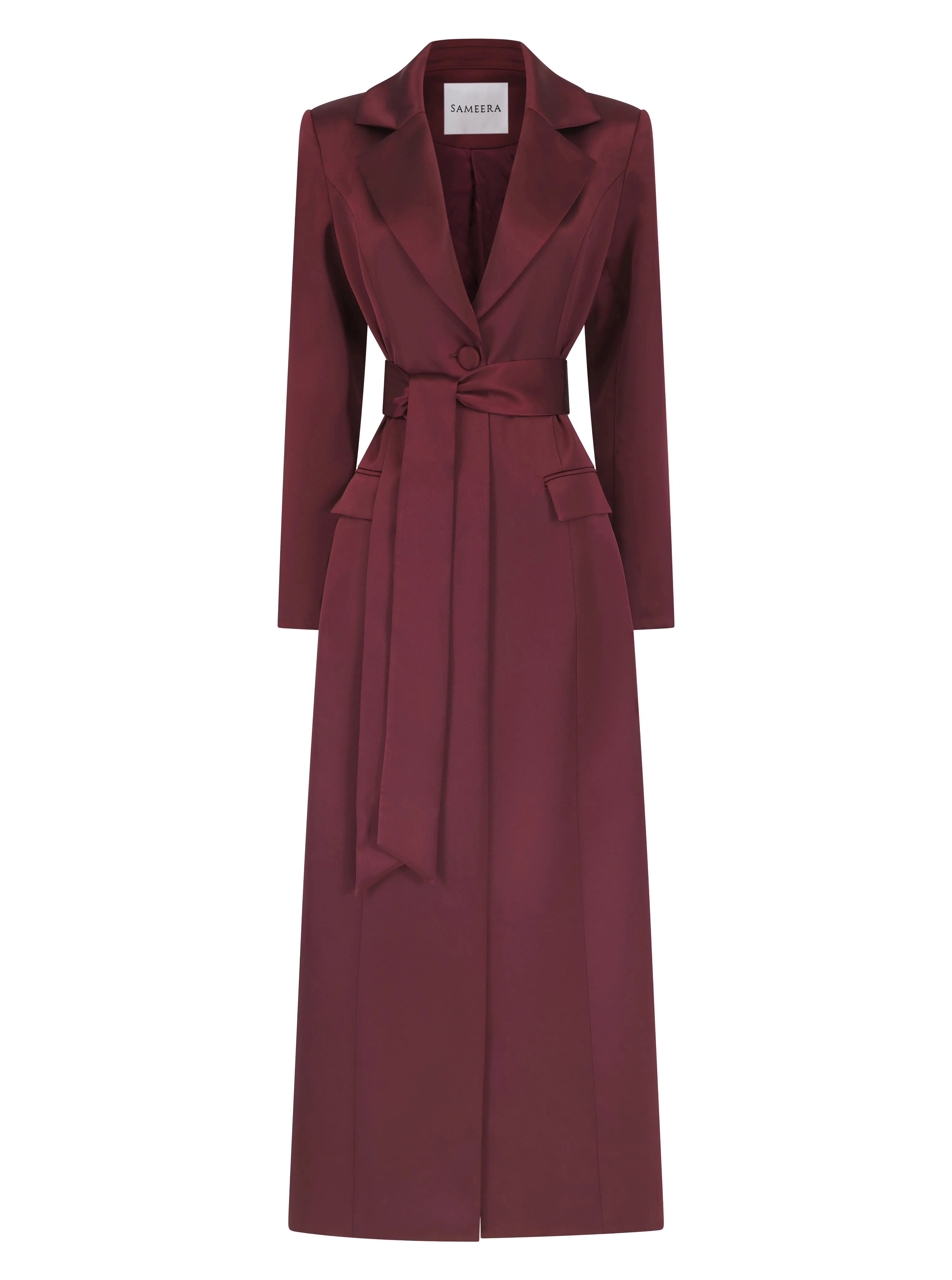 Saleha Oxblood Belted Satin Maxi Blazer Coat