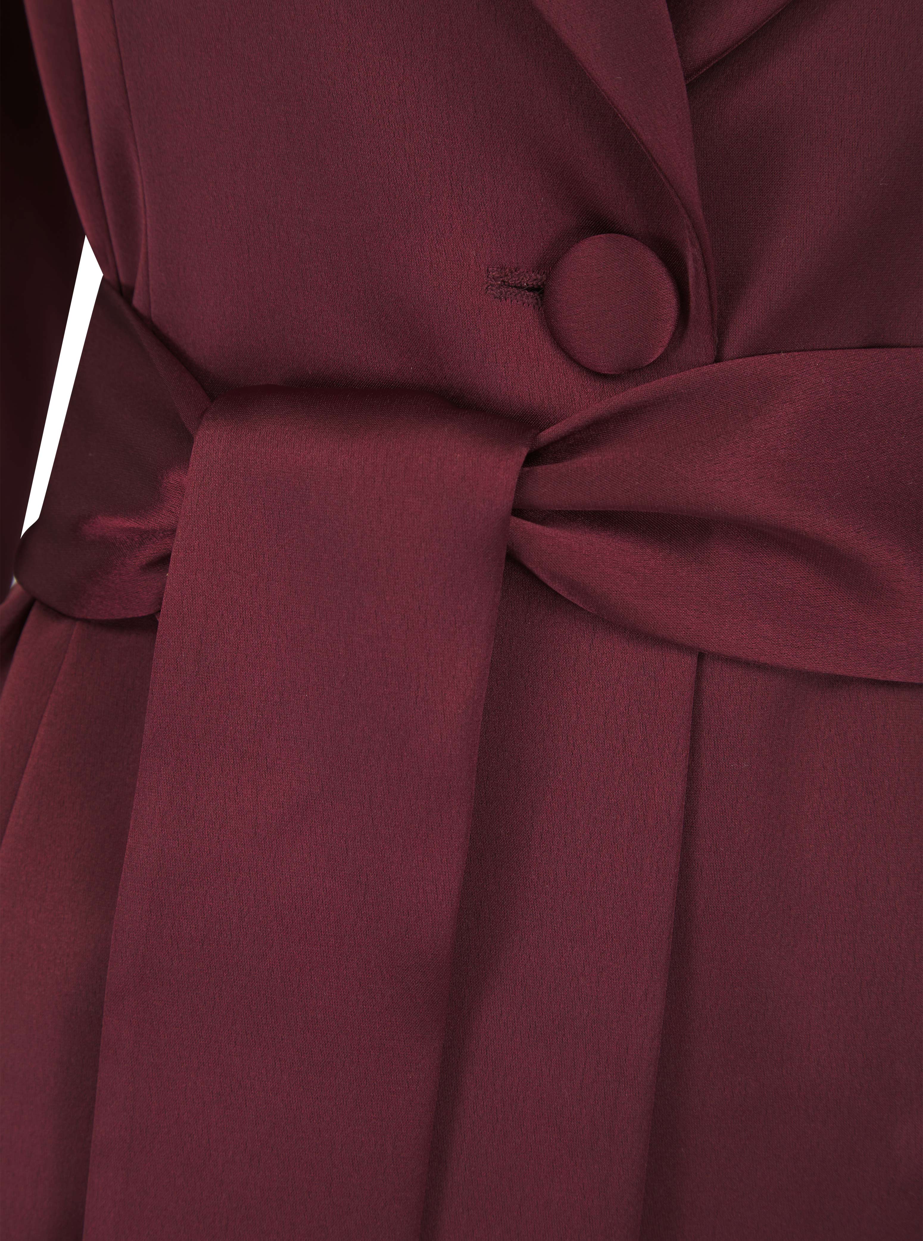 Saleha Oxblood Belted Satin Maxi Blazer Coat