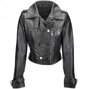 Short Vegetable Tanned Leather Biker Jacket Black : Sabine