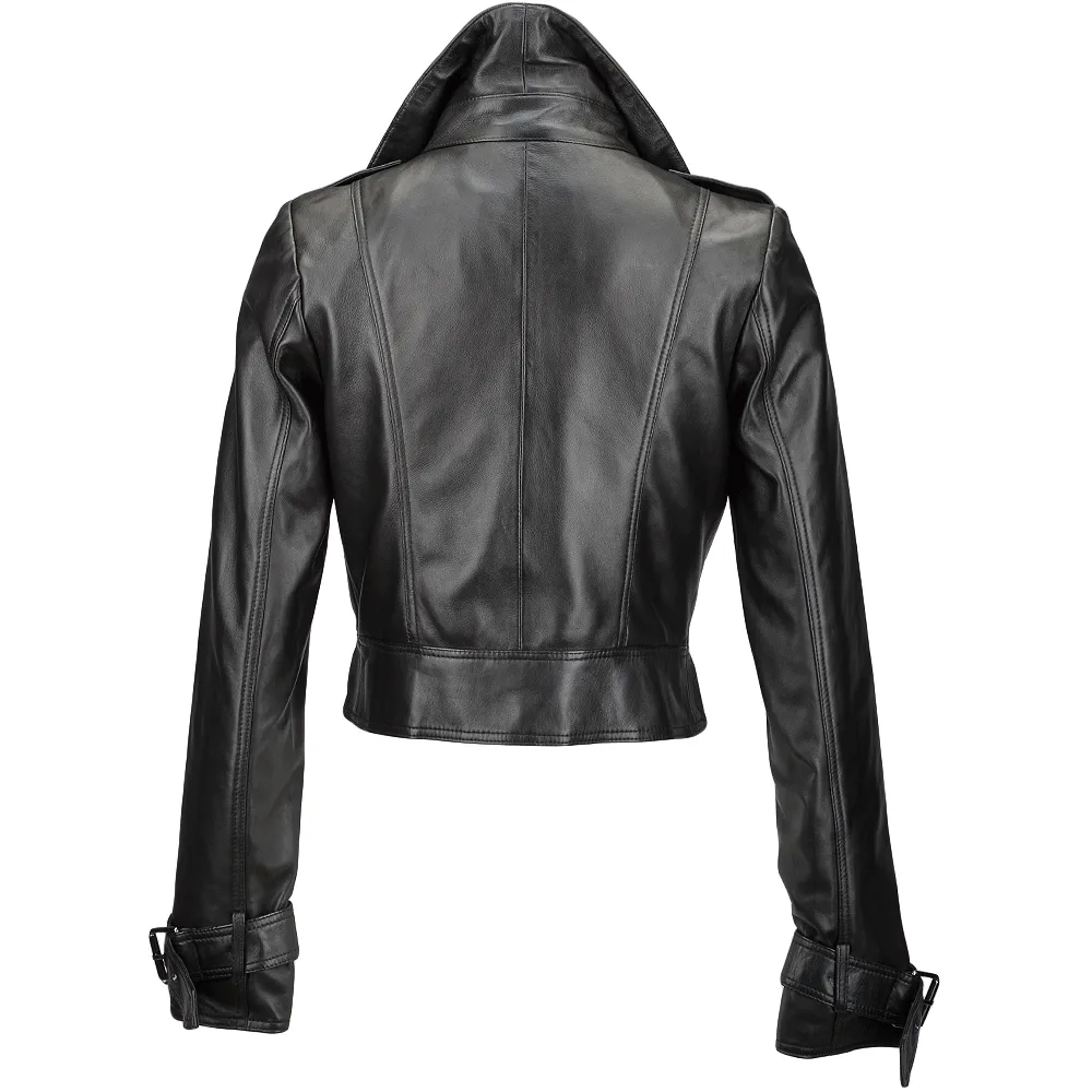 Short Vegetable Tanned Leather Biker Jacket Black : Sabine