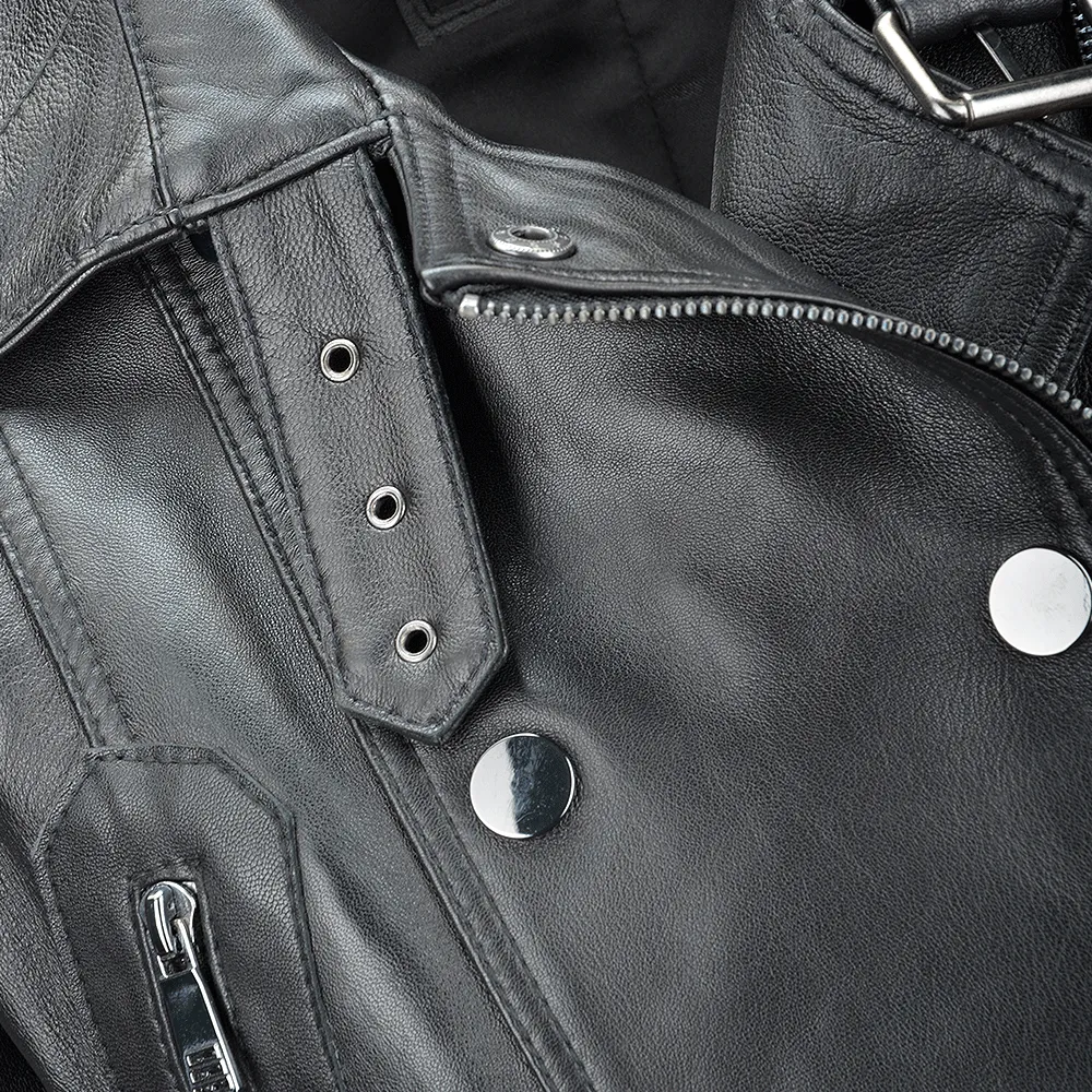 Short Vegetable Tanned Leather Biker Jacket Black : Sabine