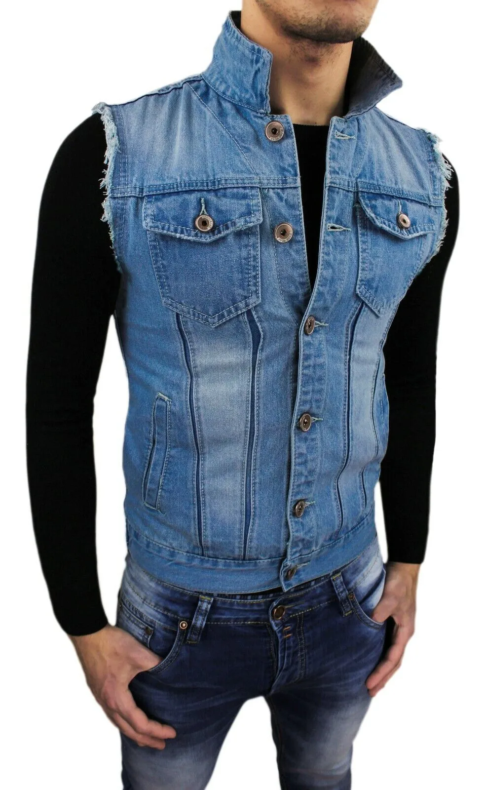 SMANICATO DI JEANS UOMO BLU DENIM CASUAL GILET CARDIGAN SLIM FIT da XL a 3XL