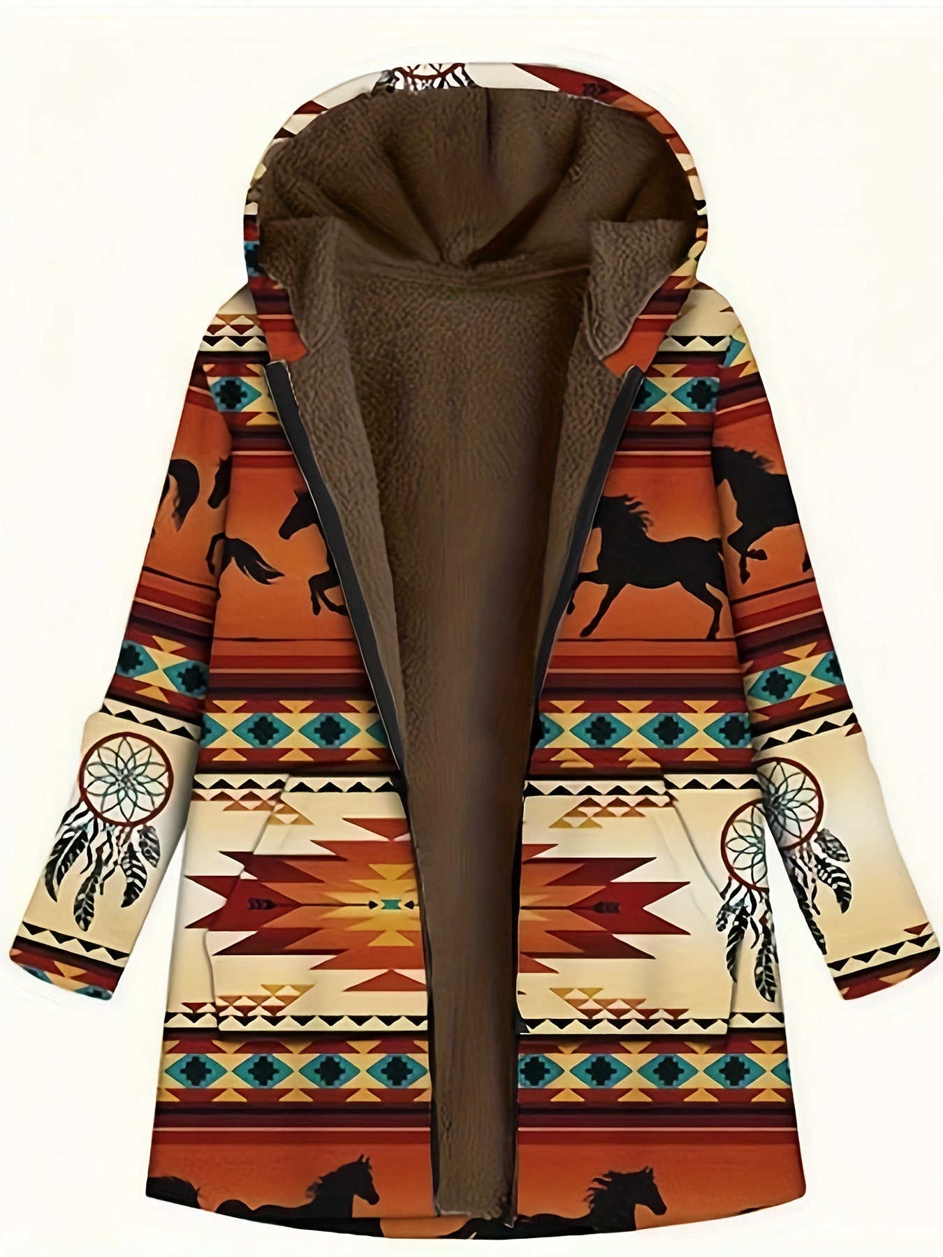 Stylish Plus Size southwestern Coat with Tribal Print Pockets