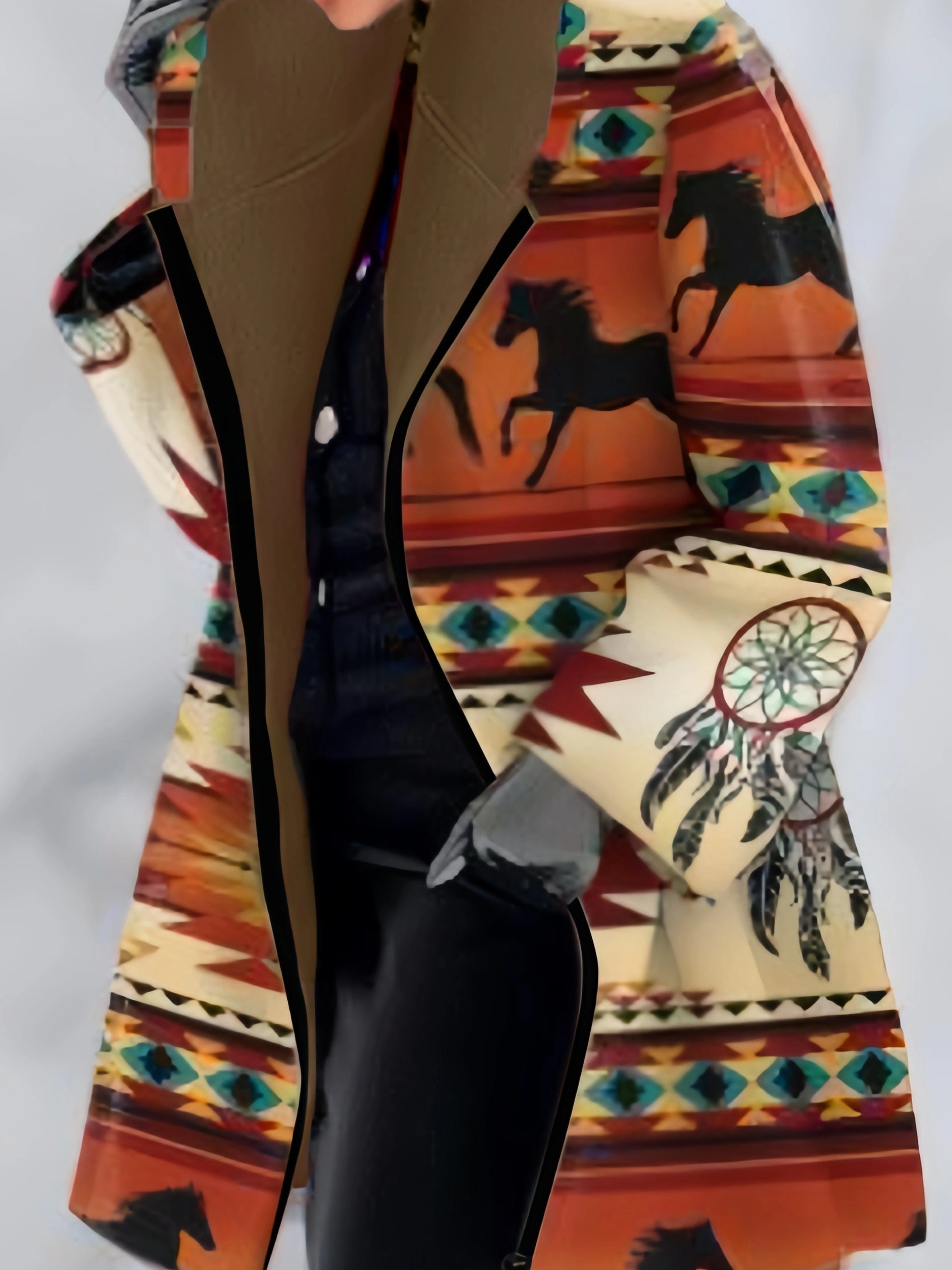 Stylish Plus Size southwestern Coat with Tribal Print Pockets