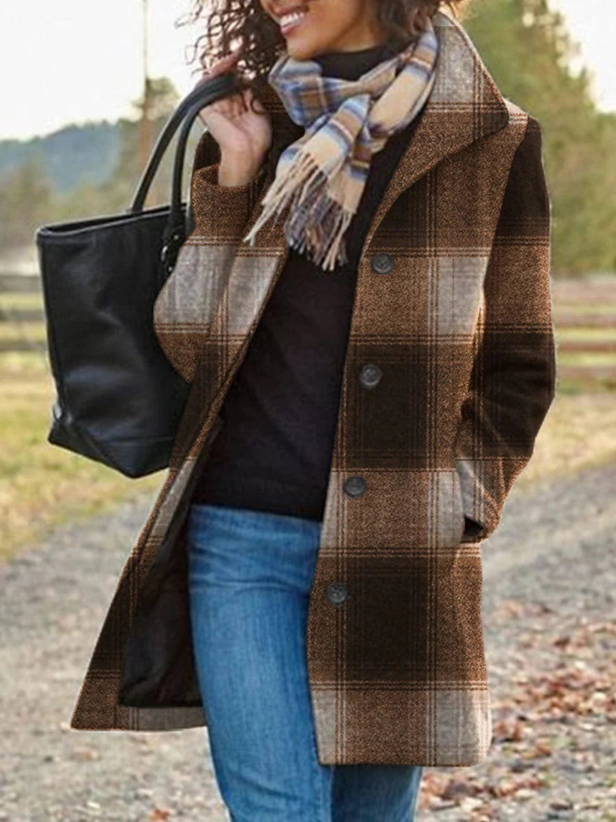 Stylish Women's Plaid Maillard Windproof Long Coat for Winter