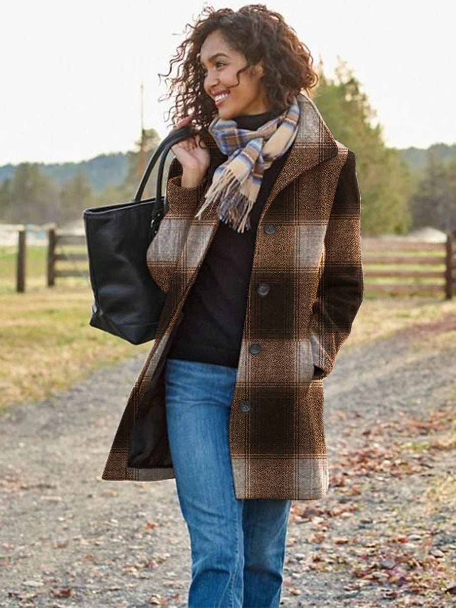 Stylish Women's Plaid Maillard Windproof Long Coat for Winter