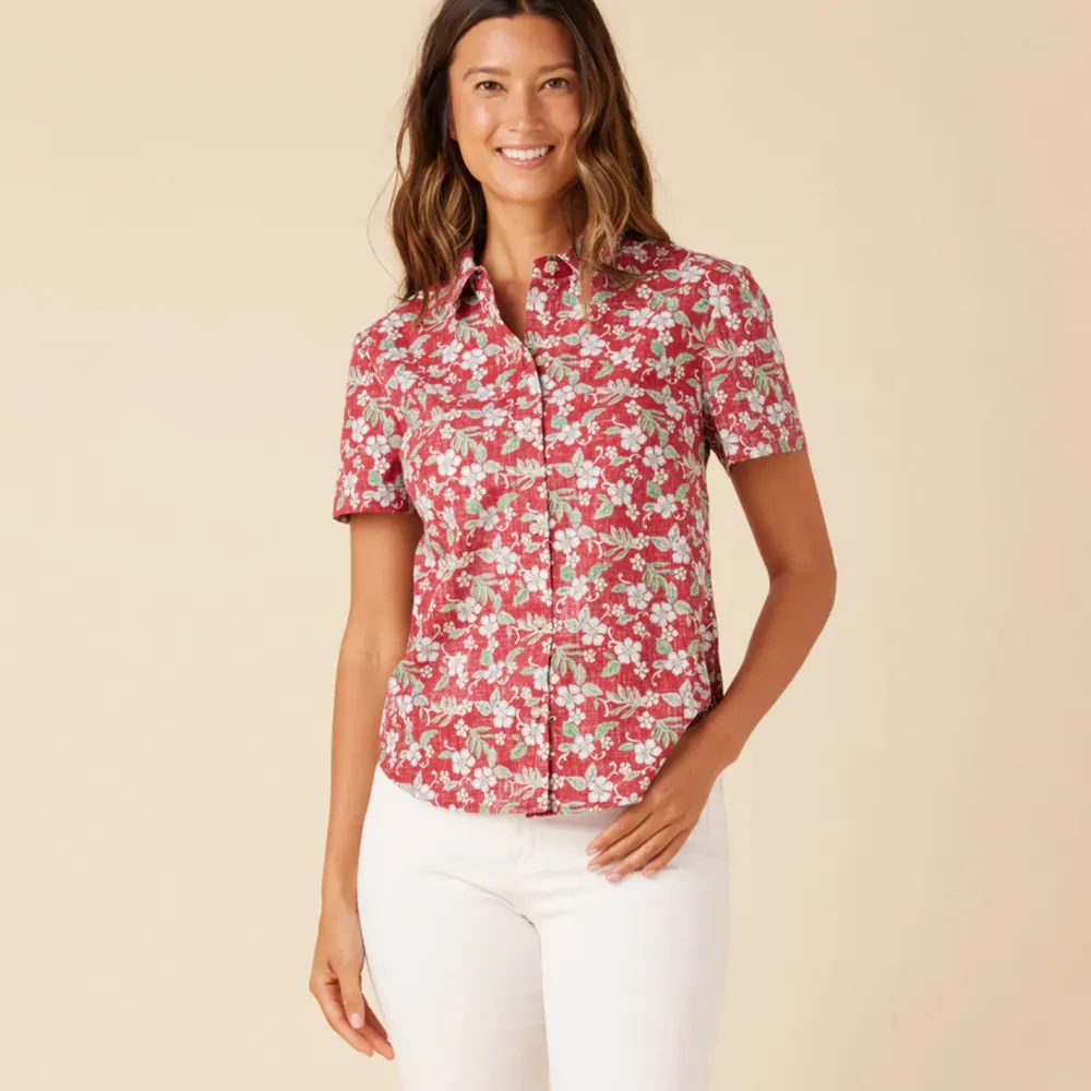 Sweet Plumerias Camp Shirt - Deep Red