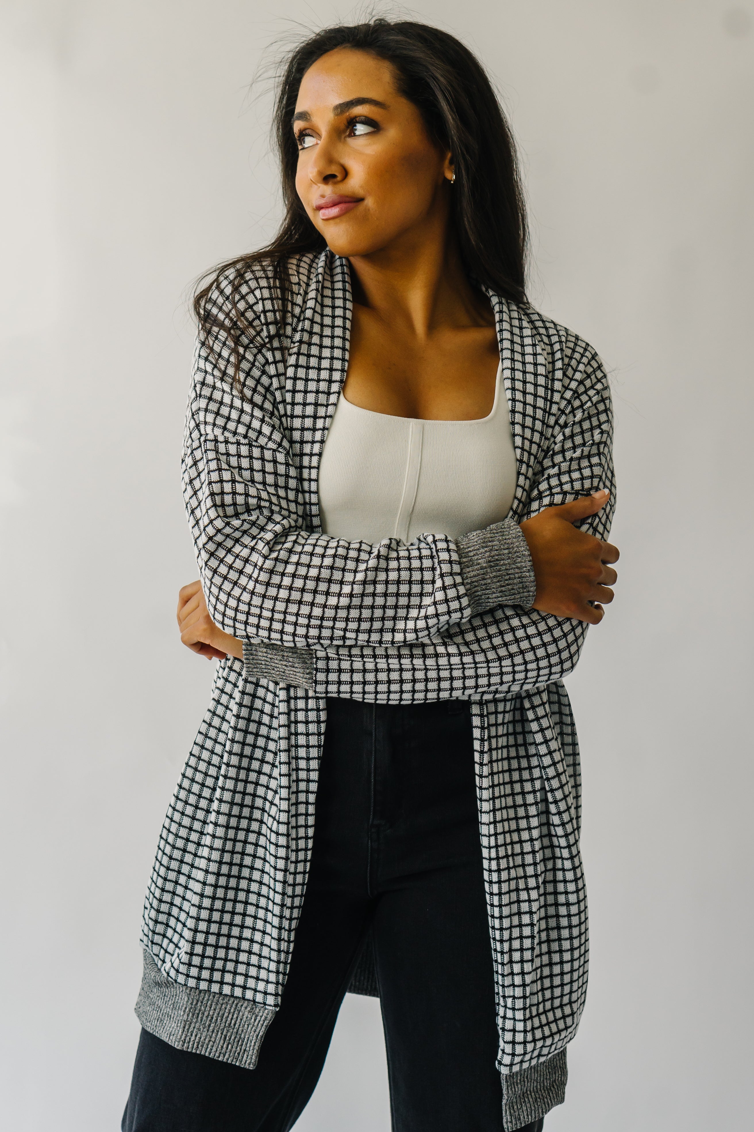 The Utica Checkered Cardigan in Black + White