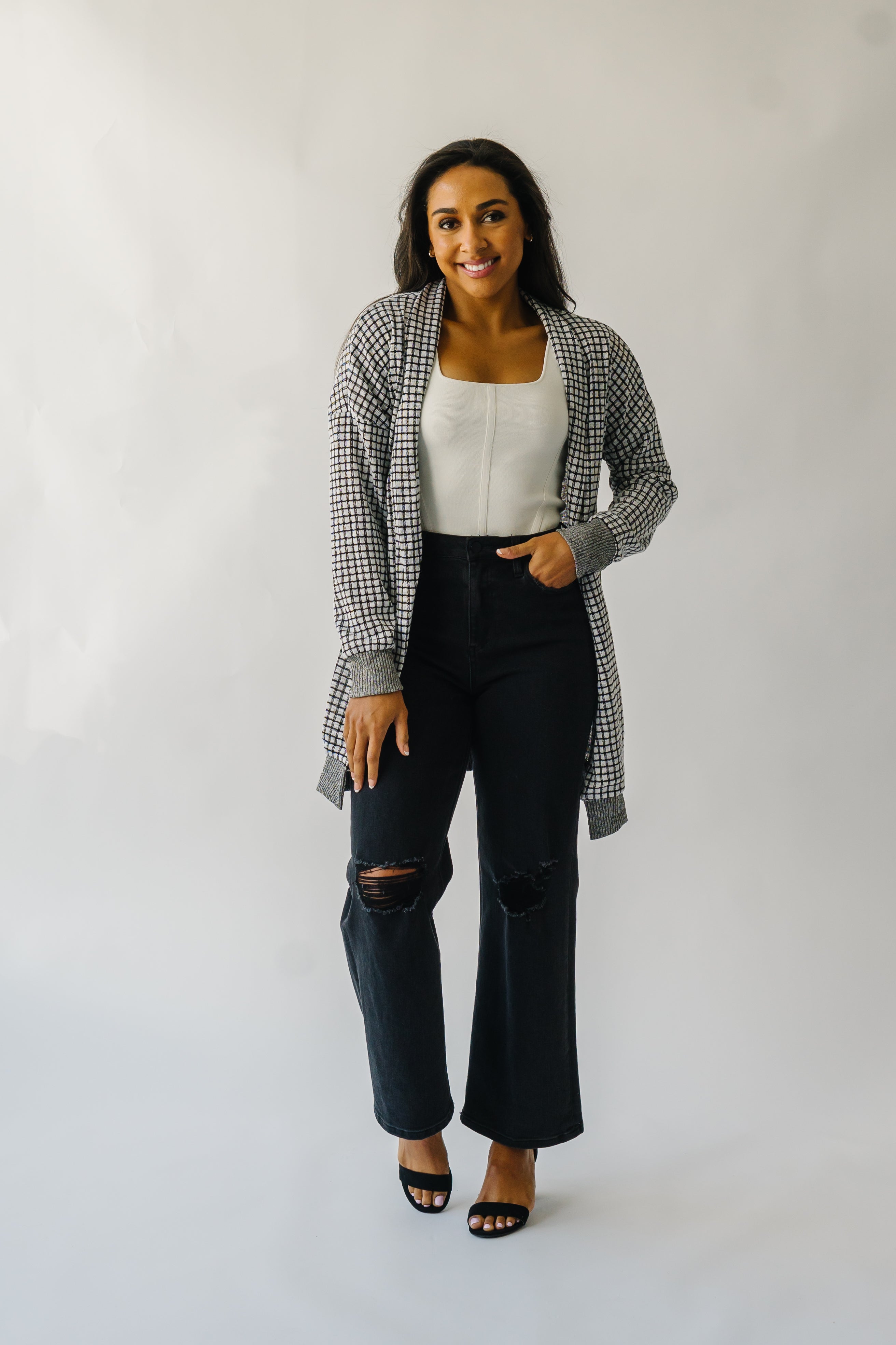 The Utica Checkered Cardigan in Black + White