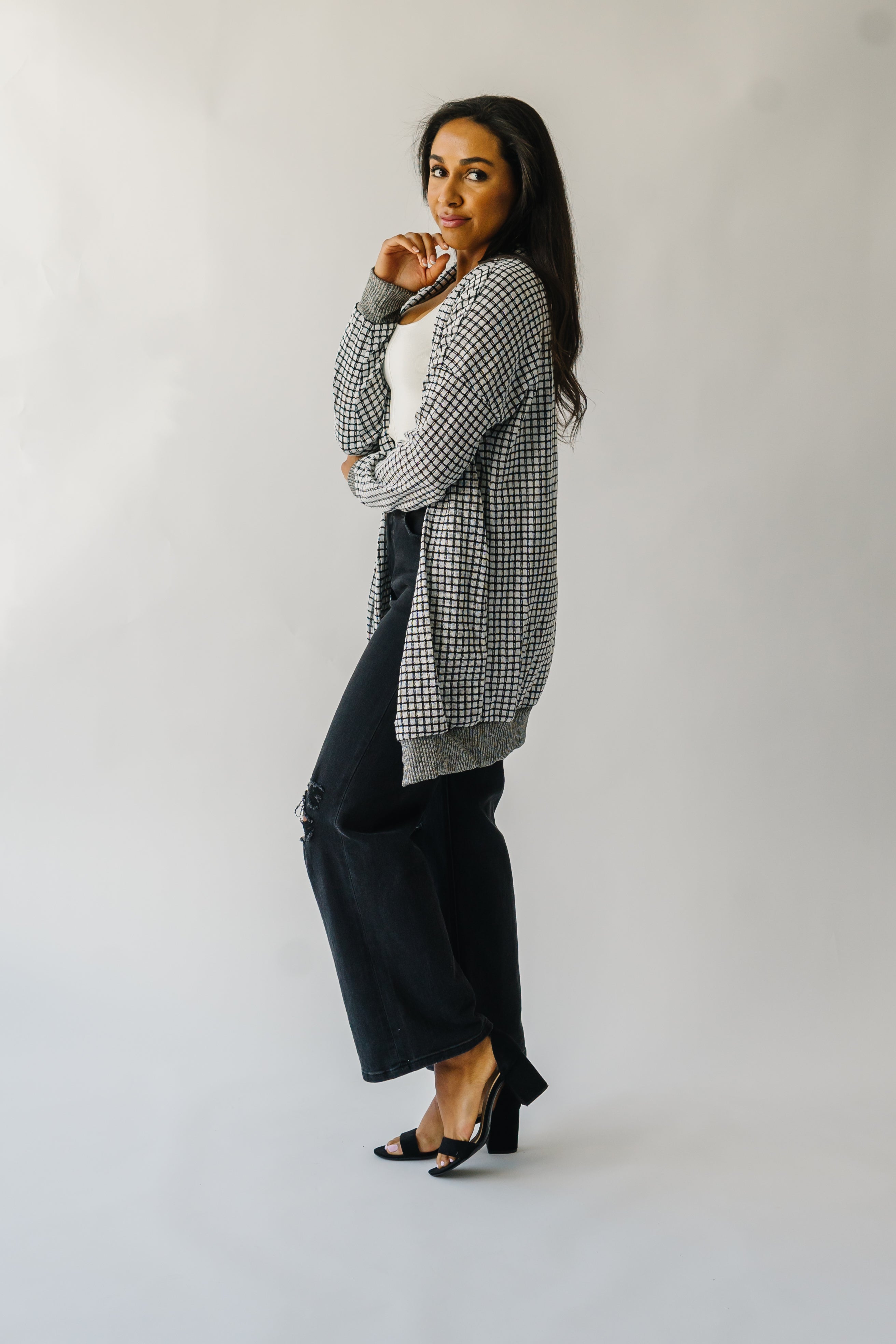 The Utica Checkered Cardigan in Black + White