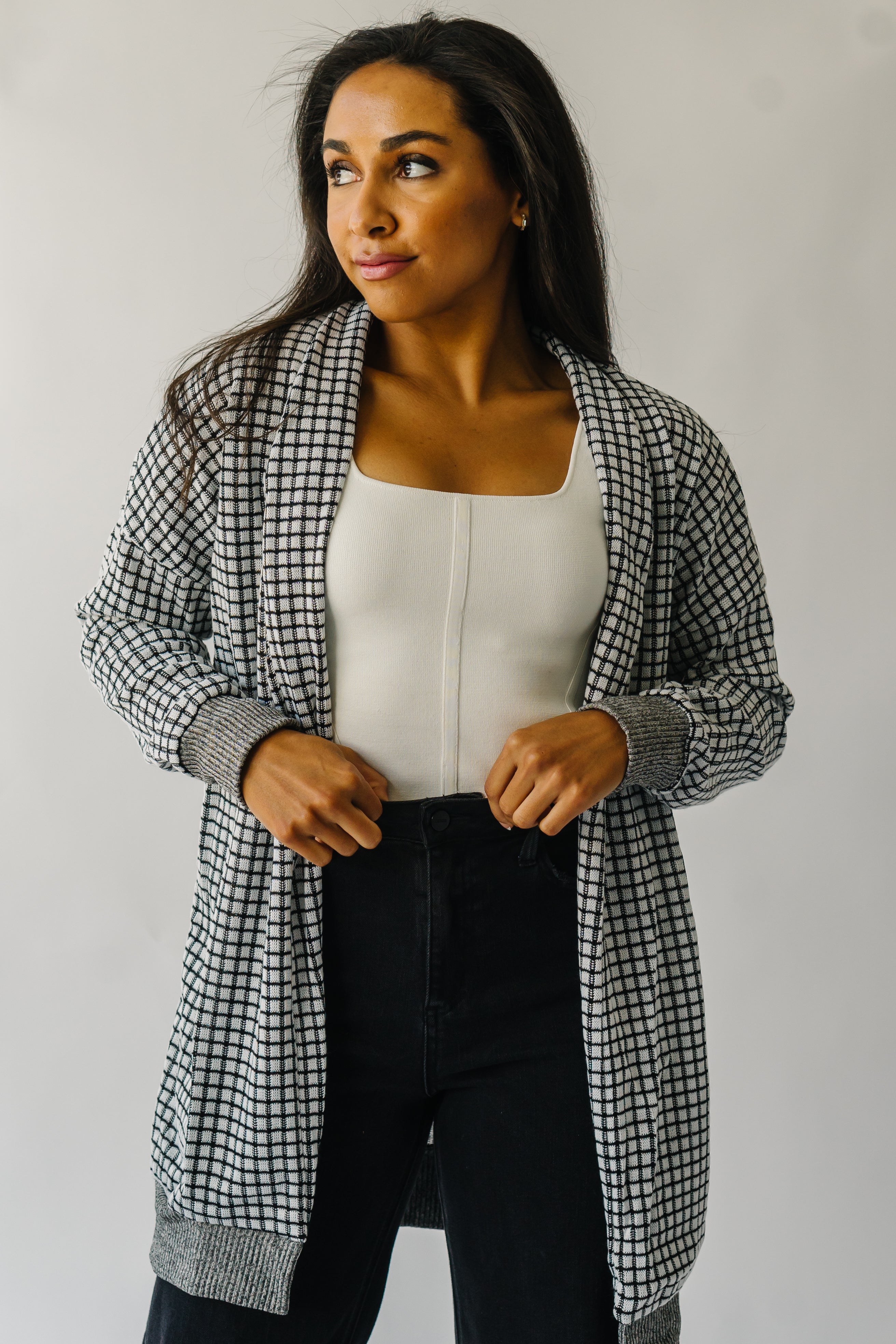 The Utica Checkered Cardigan in Black + White