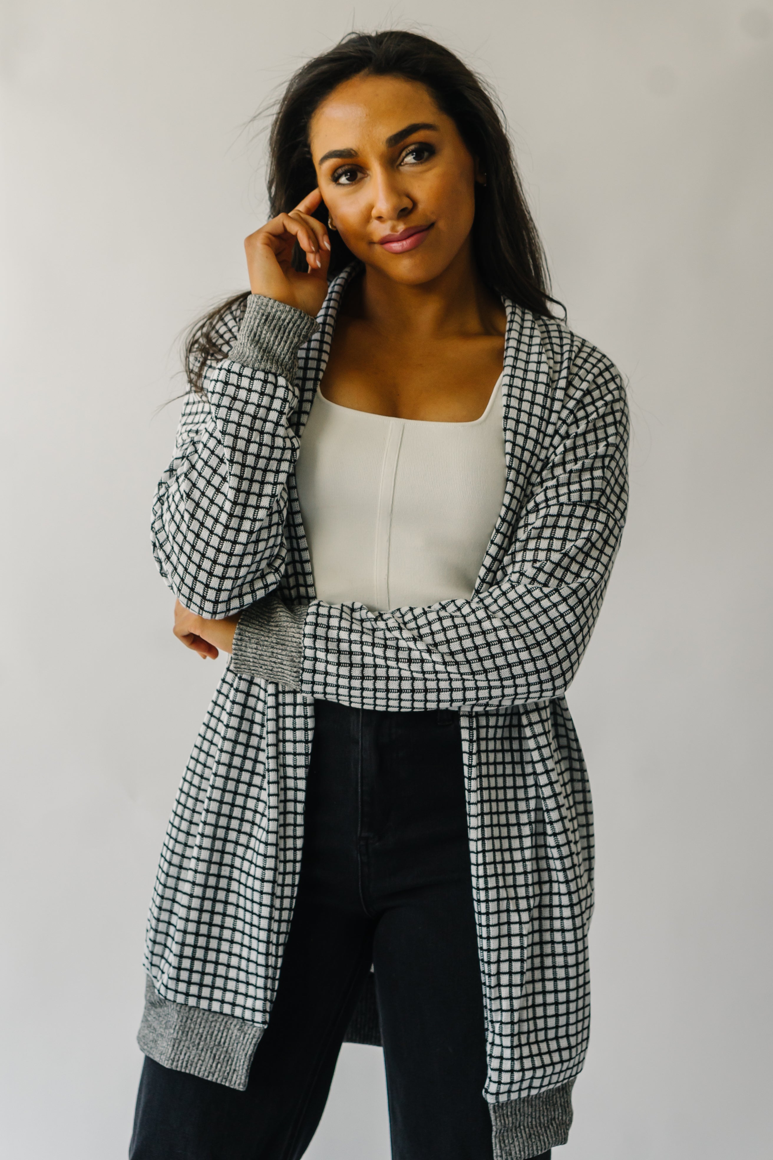 The Utica Checkered Cardigan in Black + White