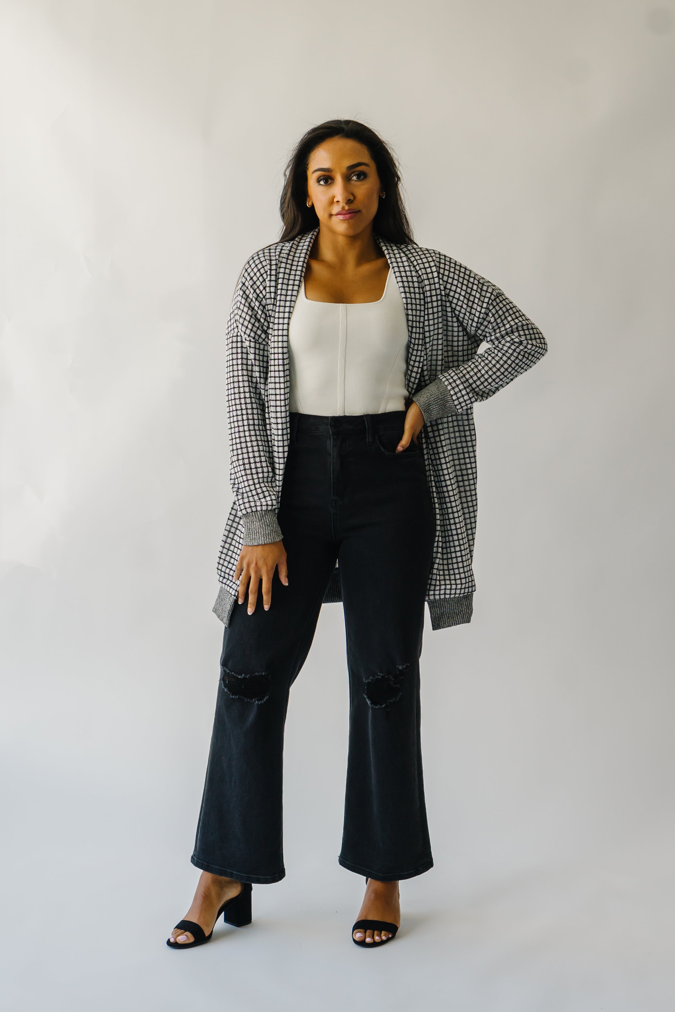 The Utica Checkered Cardigan in Black + White