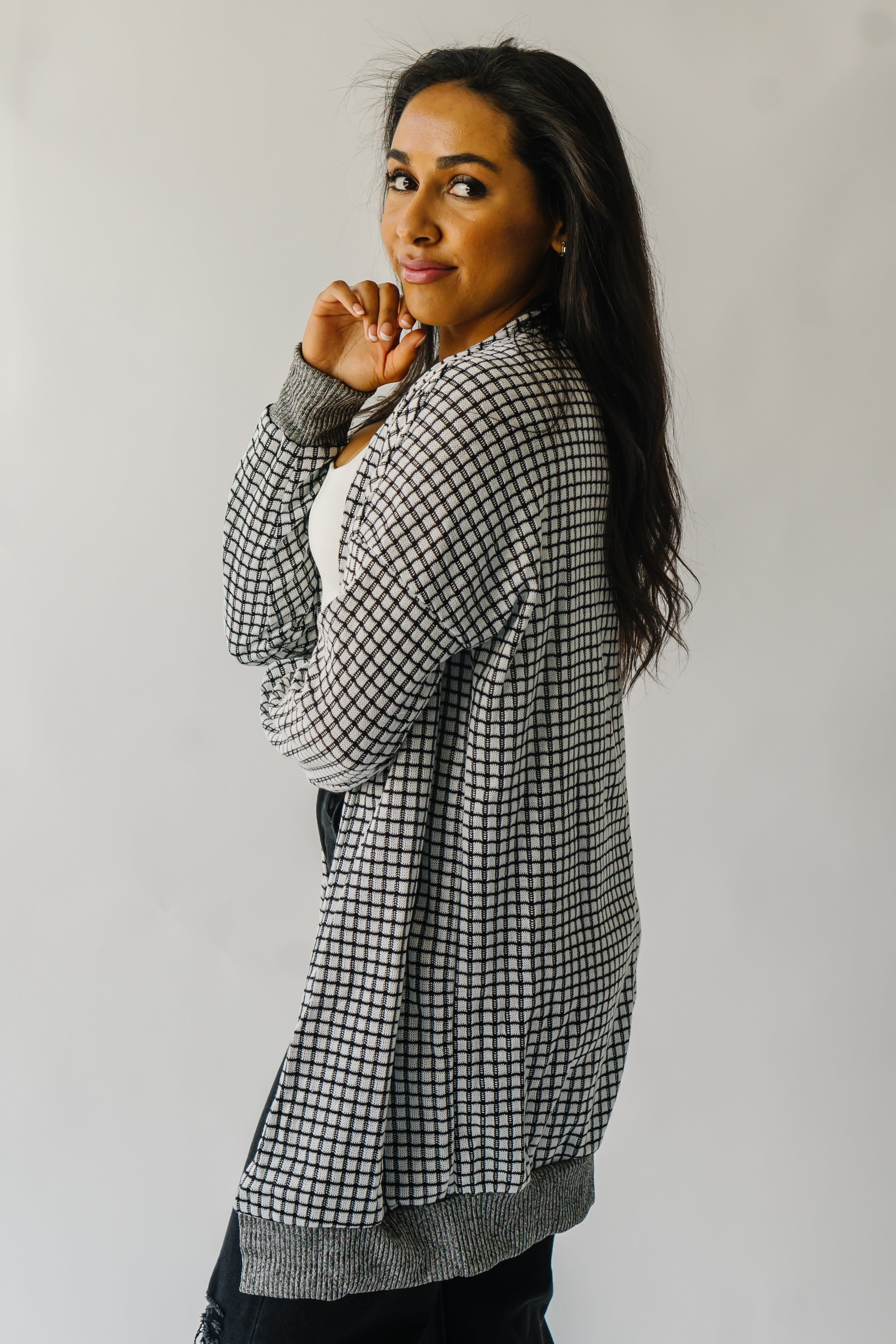 The Utica Checkered Cardigan in Black + White