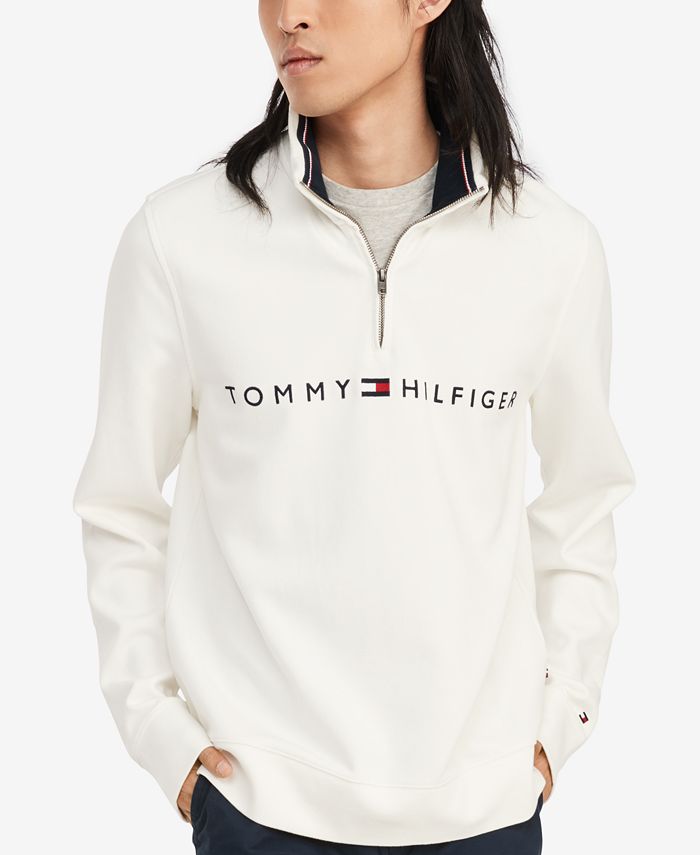 Tommy Hilfiger Men's Logo French Rib Quarter Zip Pullover White Size X-Large